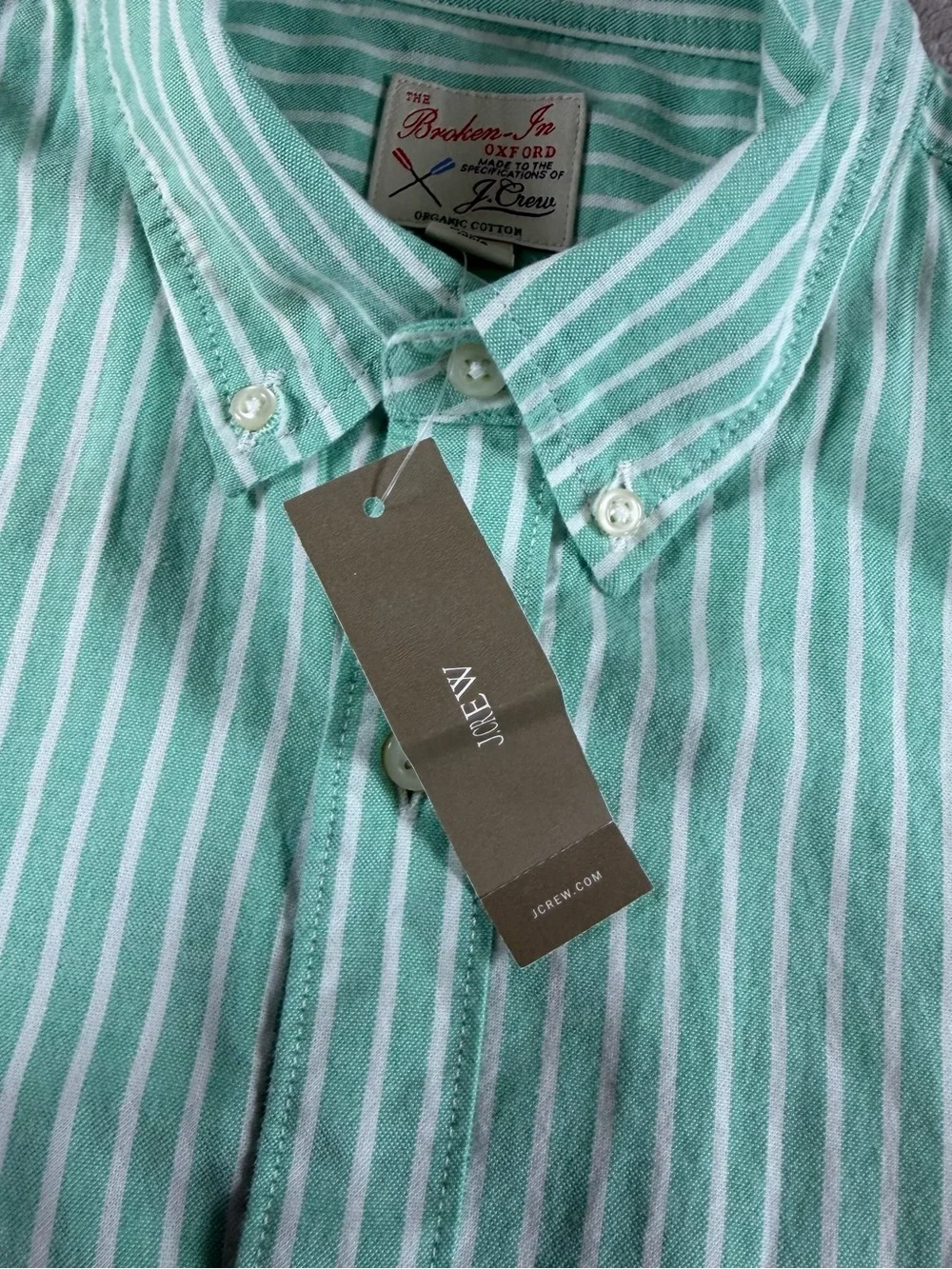 J Crew Mens Broken In Oxford Shirt L Green Stripe Slim Fit Organic Cotton
